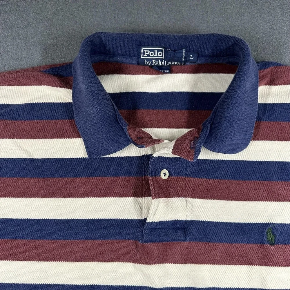 Polo Ralph Lauren Polo Shirt Mens Large Navy Burgundy Stripe Pony‎ Logo Cotton